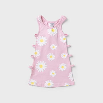 sleeveless pink dress with flower print