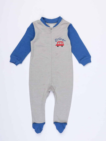 Grey and blue with car embroidery onzie