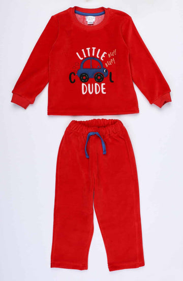 Red Long sleeved shirt with car embroidery and red pants