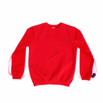 Tulle Sleeved Girls Sweatshirt - Red & Blue