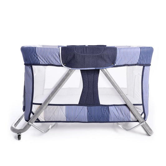 Baby Boy Rectangular Foldable Bed with Mosquito Net - Navy Blue & Baby Blue