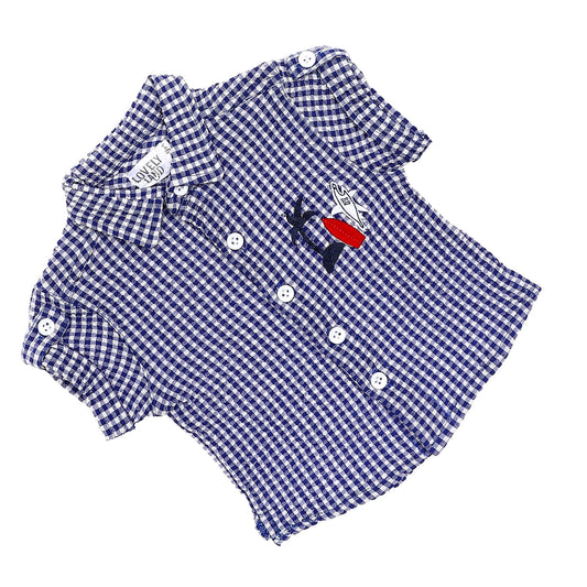 Blue & White Plaids Baby Boys Shirt With Stitched Patch