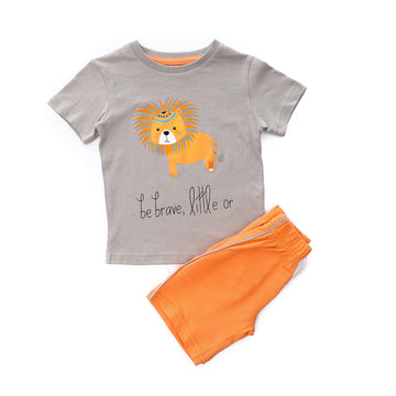 "Be Brave, Little Or" Self Patterned Short Sleeves Boys Pajama Set - Tiger Orange & Grey