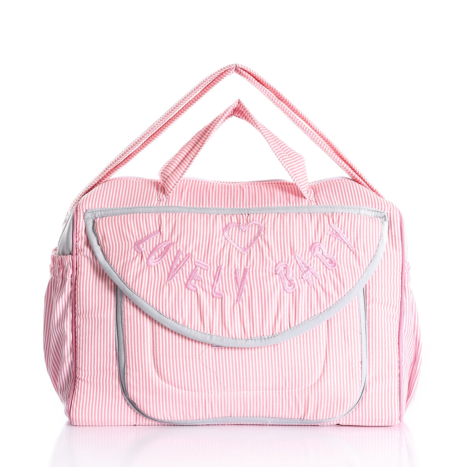 Baby Girls Striped & Embroidered Bag with Outer Pocket - Pink