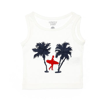 Slip On Sleeveless Stitched Tropical Patch Tee - White, Navy Blue & Red