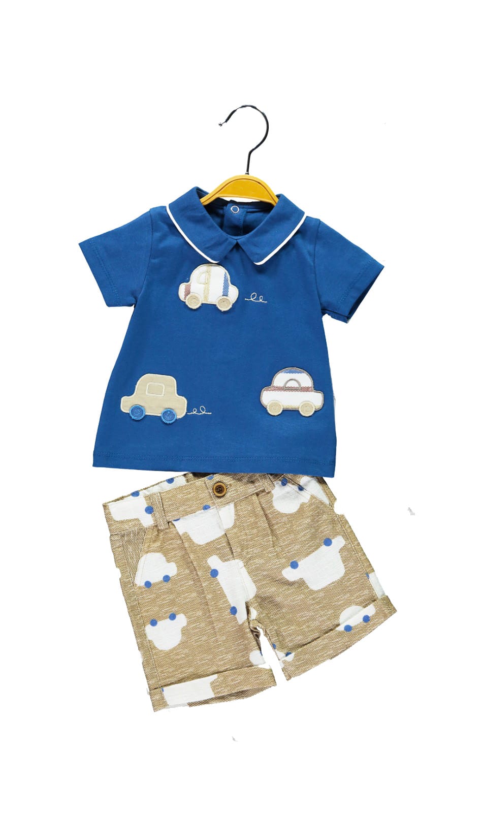 blue half sleeve shirt with embroidery and bayge aop shorts