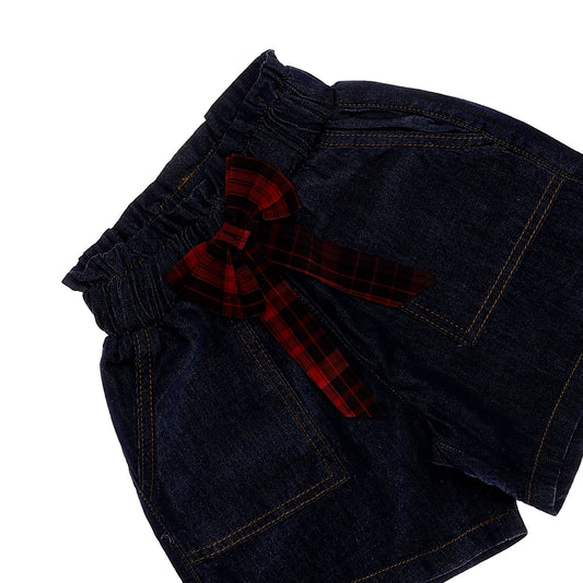 Dark Blue Girls Jeans Shorts With Ribbon