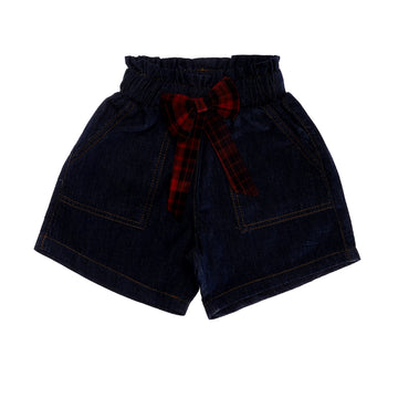 Dark Blue Girls Jeans Shorts With Ribbon