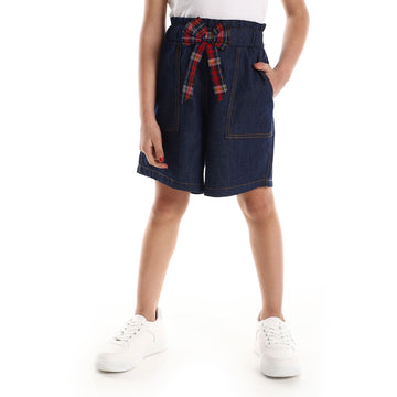 Dark Blue Girls Jeans Shorts With Ribbon