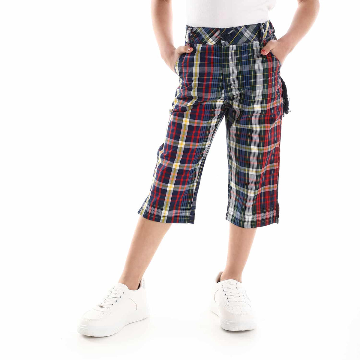 Multi Plaids Pattern Girls Pantacourt Navy Blue Red Yellow