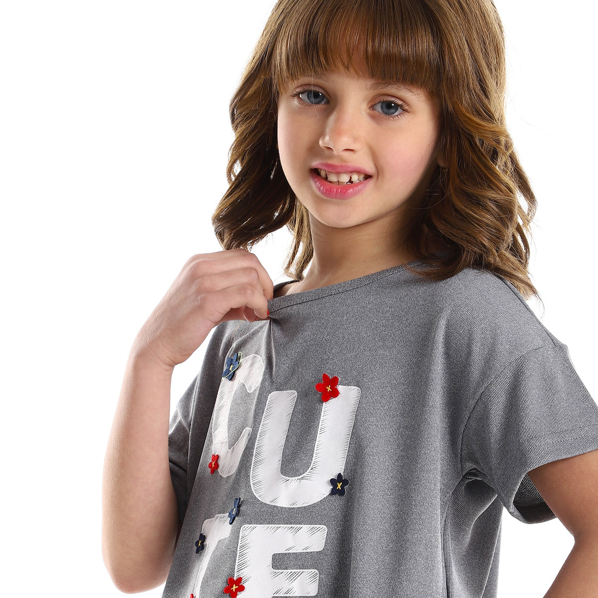 "Cute" Stitched Heather Light Grey Girls Tee