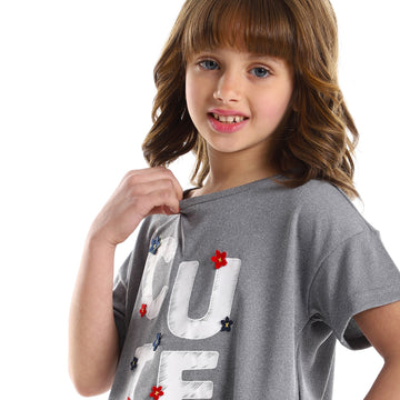 "Cute" Stitched Heather Light Grey Girls Tee