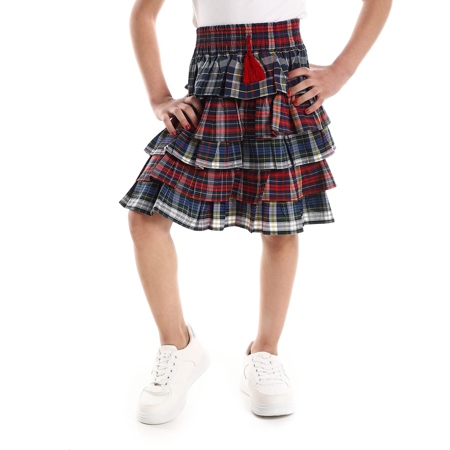 navy blue red yellow multi plaids pattern girls layered skirt