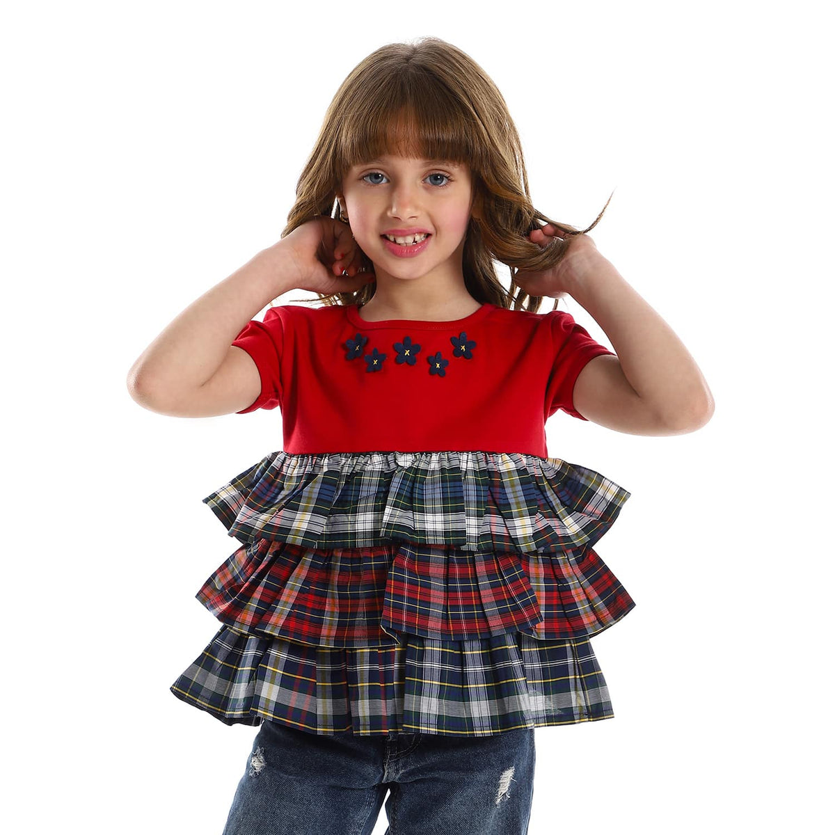 Half Sleeves Layered Girls Blouse Red Navy Blue Yellow