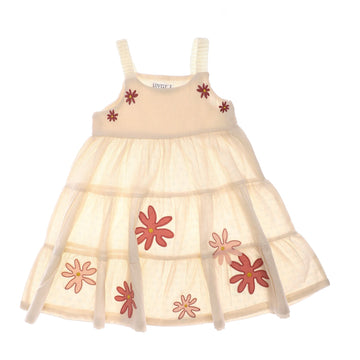 Stitched Peach Flowers Patches Offwhite Girls Dress