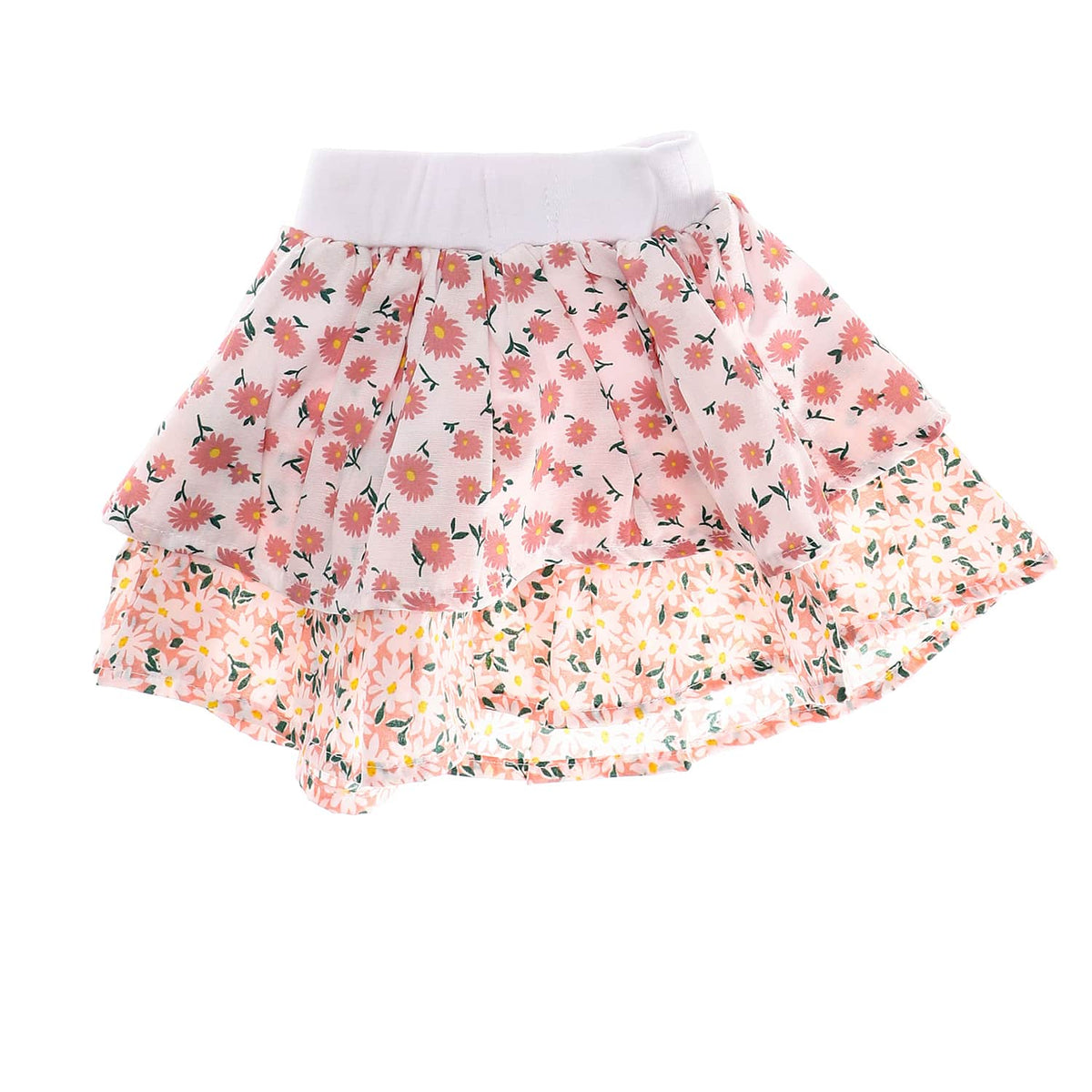 Double Floral Print Girls Layered Skirt White Nude