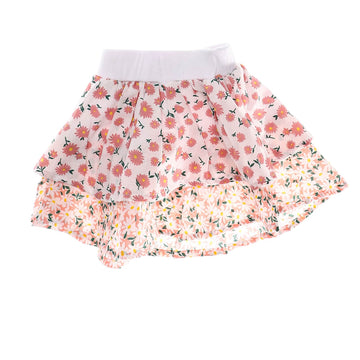 Double Floral Print Girls Layered Skirt - White & Nude