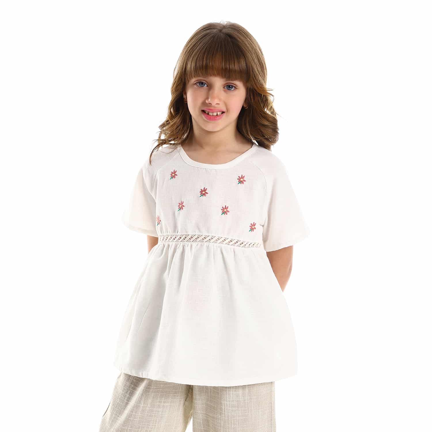 Textured & Floral Stitched Girls Blouse - Cream & Cashmere