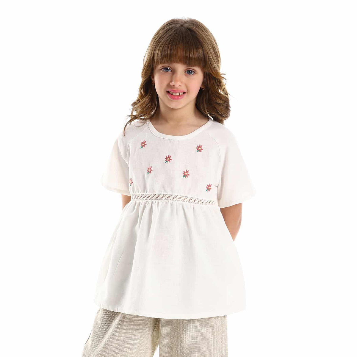 Textured Floral Stitched Girls Blouse Cream Cashmere
