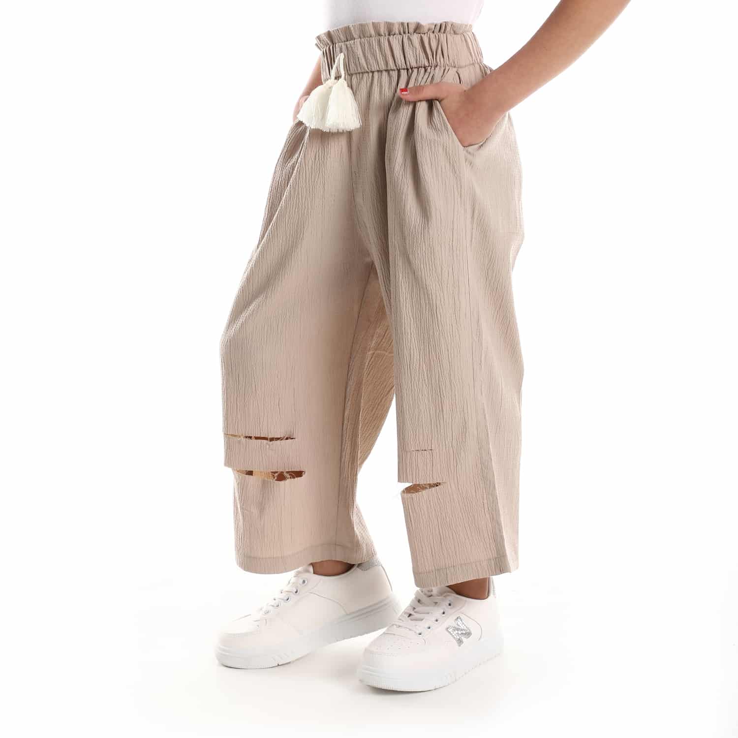 Beige Ribbed Textured Girls Pants