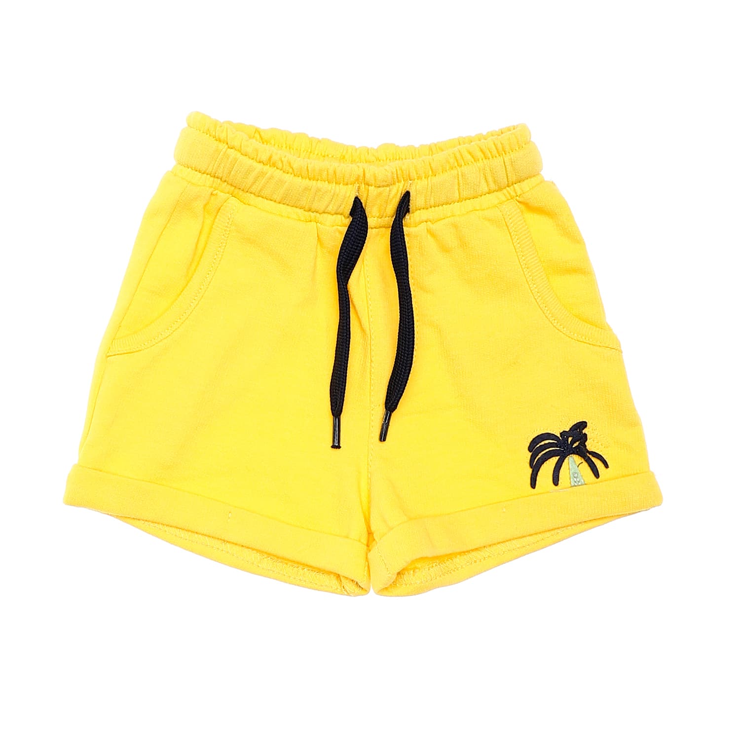cotton yellow shorts with navy blue patched palm tree baby boys shorts