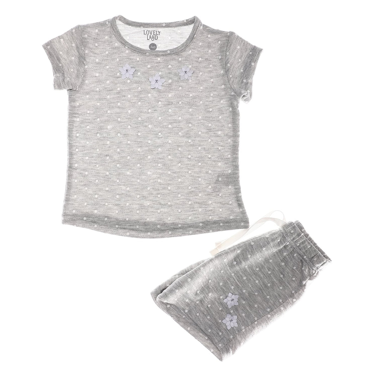 Attached Flowers Grey Polka Dotted Girls Pajama Set