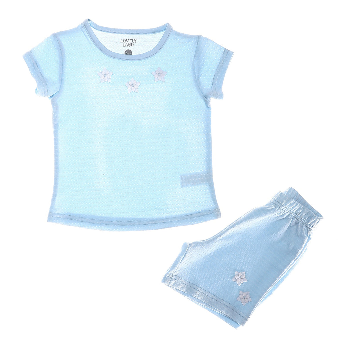 Attached Flowers Baby Blue Polka Dotted Girls Pajama Set (2)