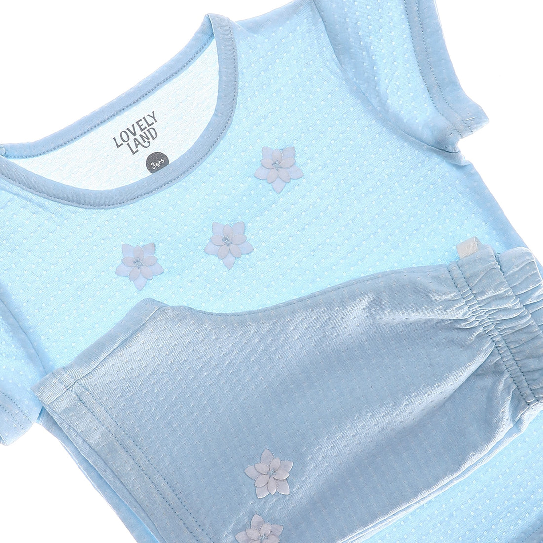 Attached Flowers Baby Blue Polka Dotted Girls Pajama Set (2)
