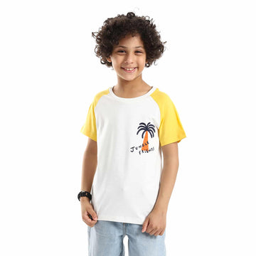 raglan boys tee with chest stitched patch yellow white navy blue