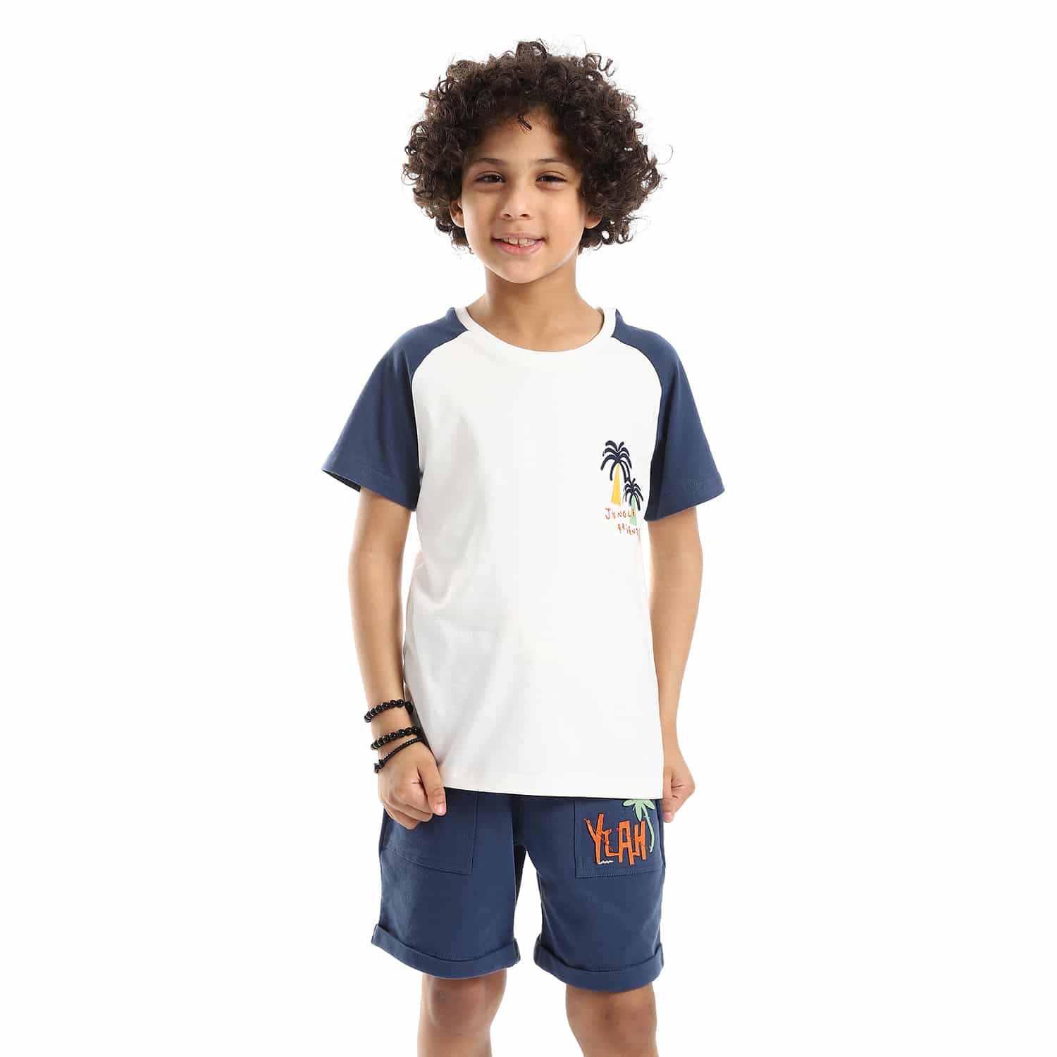 raglan boys tee with chest stitched patch navy blue white orange