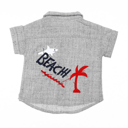 Back Stitching & Heather Grey & Red Short Sleeves Baby Boy Shirt