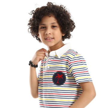 Striped Boys Polo Shirt - White, Navy Blue, Yellow & Red