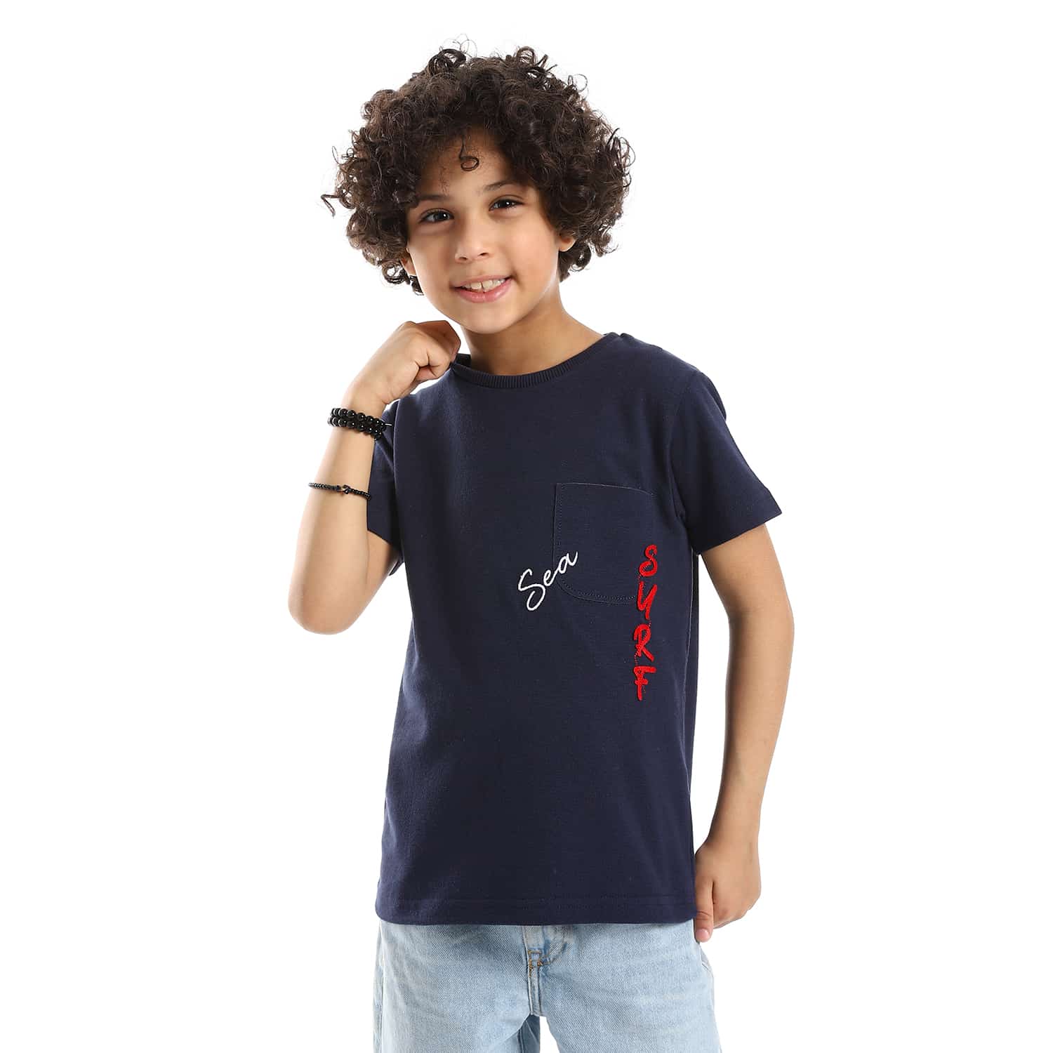 pique stitched short sleeves navy blue white red boys tee