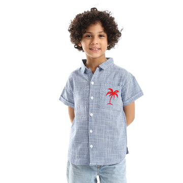 Red Stitched Palm Tree Over Blue & White Boys Shirt