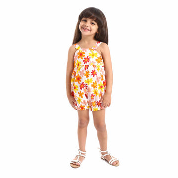 Floral Self Patterned Squared Neck Baby Girls Jumpsuirt - Red, Orange & White