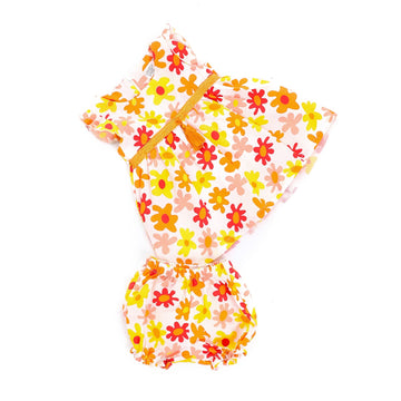 Floral Self Patterned Round Collar Sleeveless Baby Girls Dress with Diaper Cover - Red, Orange & White
