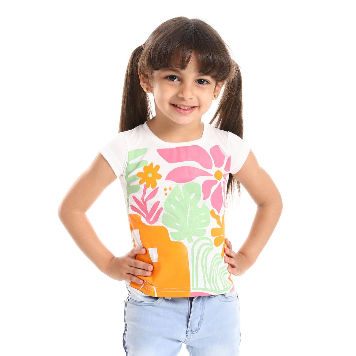 Slip on Floral Girls Top White Pink Orange Green