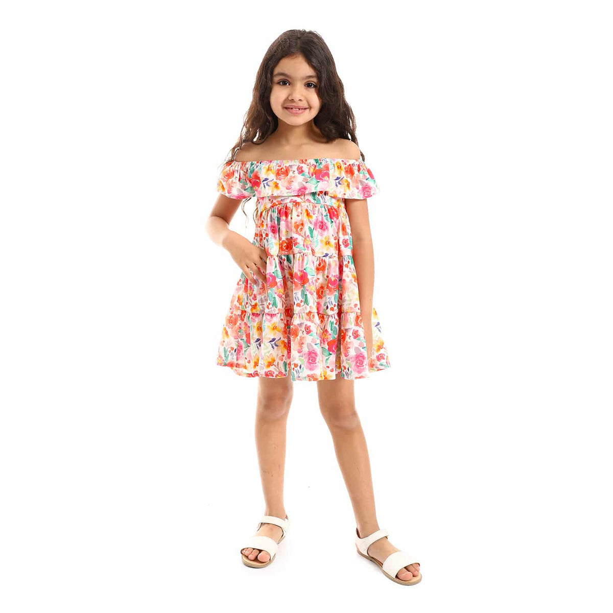 Floral Self Patterned Round Collar Girls Dress - Red, White & Green
