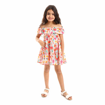 Floral Self Patterned Round Collar Girls Dress - Red, White & Green