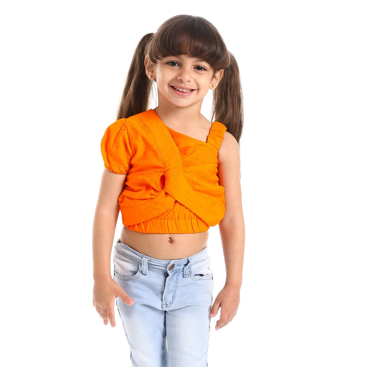 Asymmetric Spaghetti & Short Sleeves Tigger Orange Girls Blouse