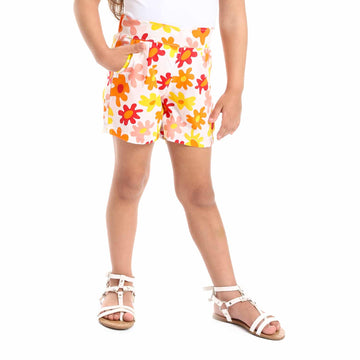 Floral Self Patterned Elastic Waist Girls Short - Red, Orange & White