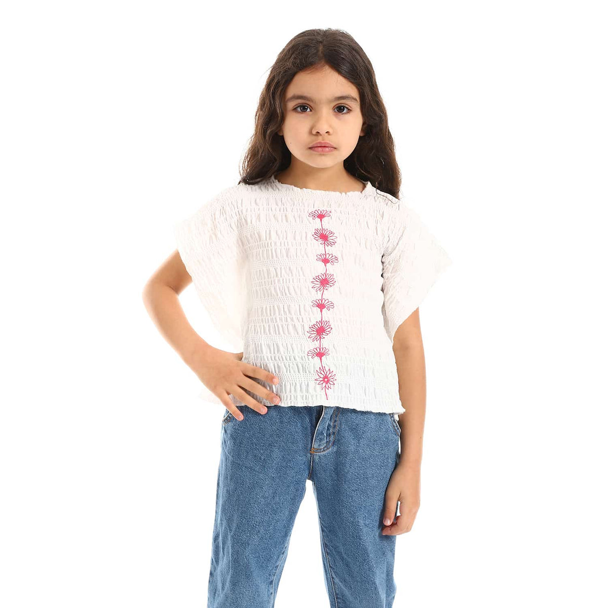 Floral Self Patterned Round Collar Cap Sleeves White Girls Blouse (2)