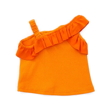 Asymmetric Spaghetti Sleeves Tigger Orange Girls Blouse with Ruffles