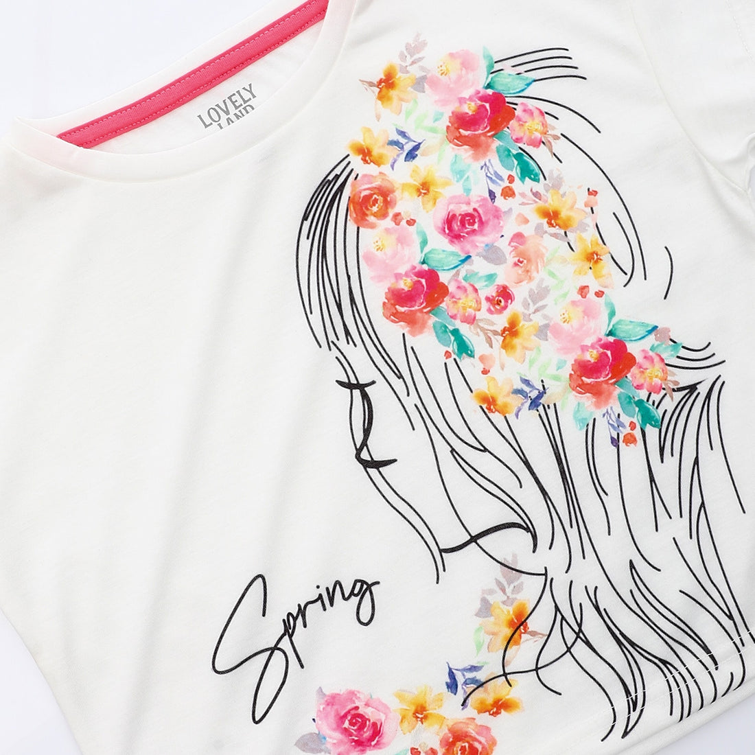Floral Self Patterned, Round Collar Short Sleeves Girls T-Shirt - White, Red & Black