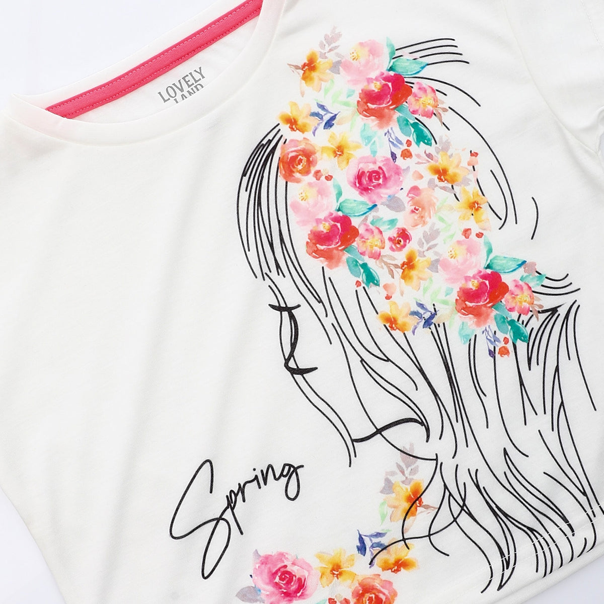 Floral Self Patterned, Round Collar Short Sleeves Girls T-Shirt - White, Red & Black