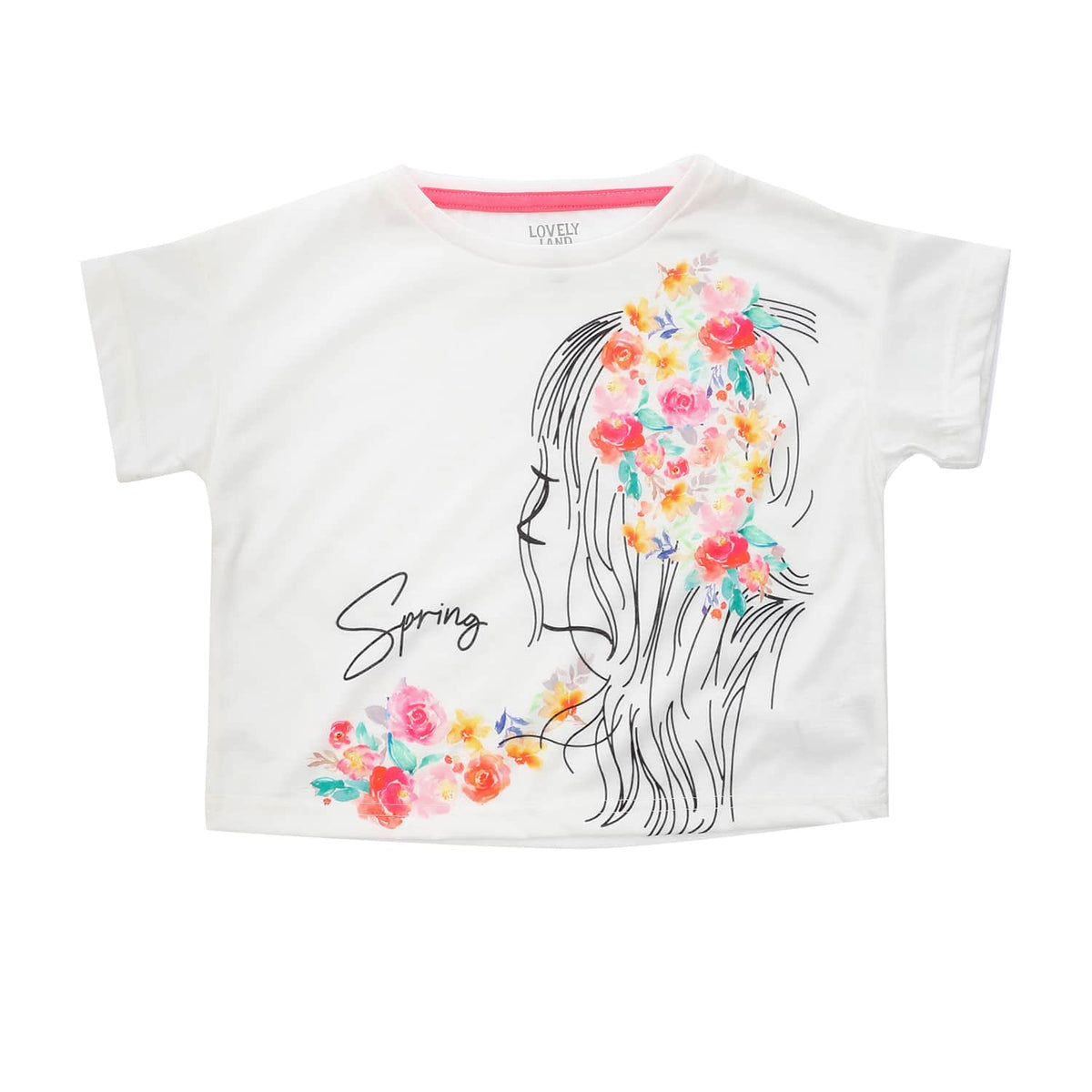 Floral Self Patterned, Round Collar Short Sleeves Girls T-Shirt - White, Red & Black