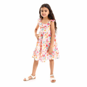 White, Pink & Green Cotton Floral Off-Shoulders Girls Dress