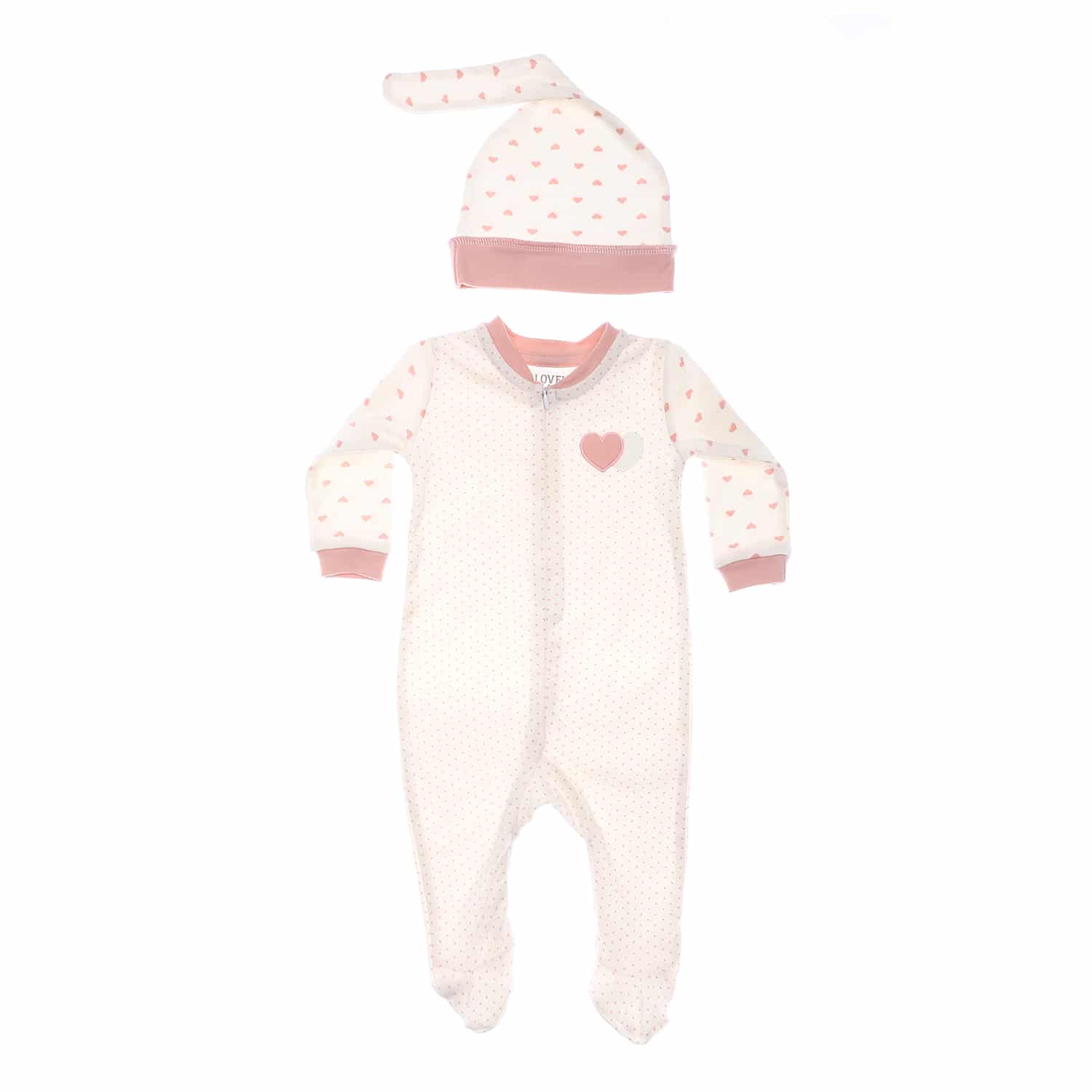 long sleeves hearts polka dots baby girl footie with cap