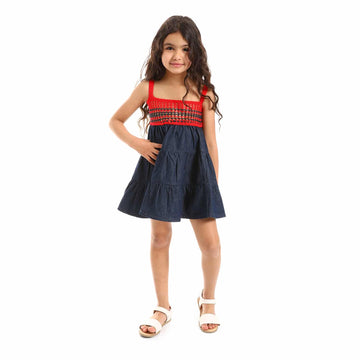 Crochet Chest Denim Tiered Girls Dress - Red & Navy Blue