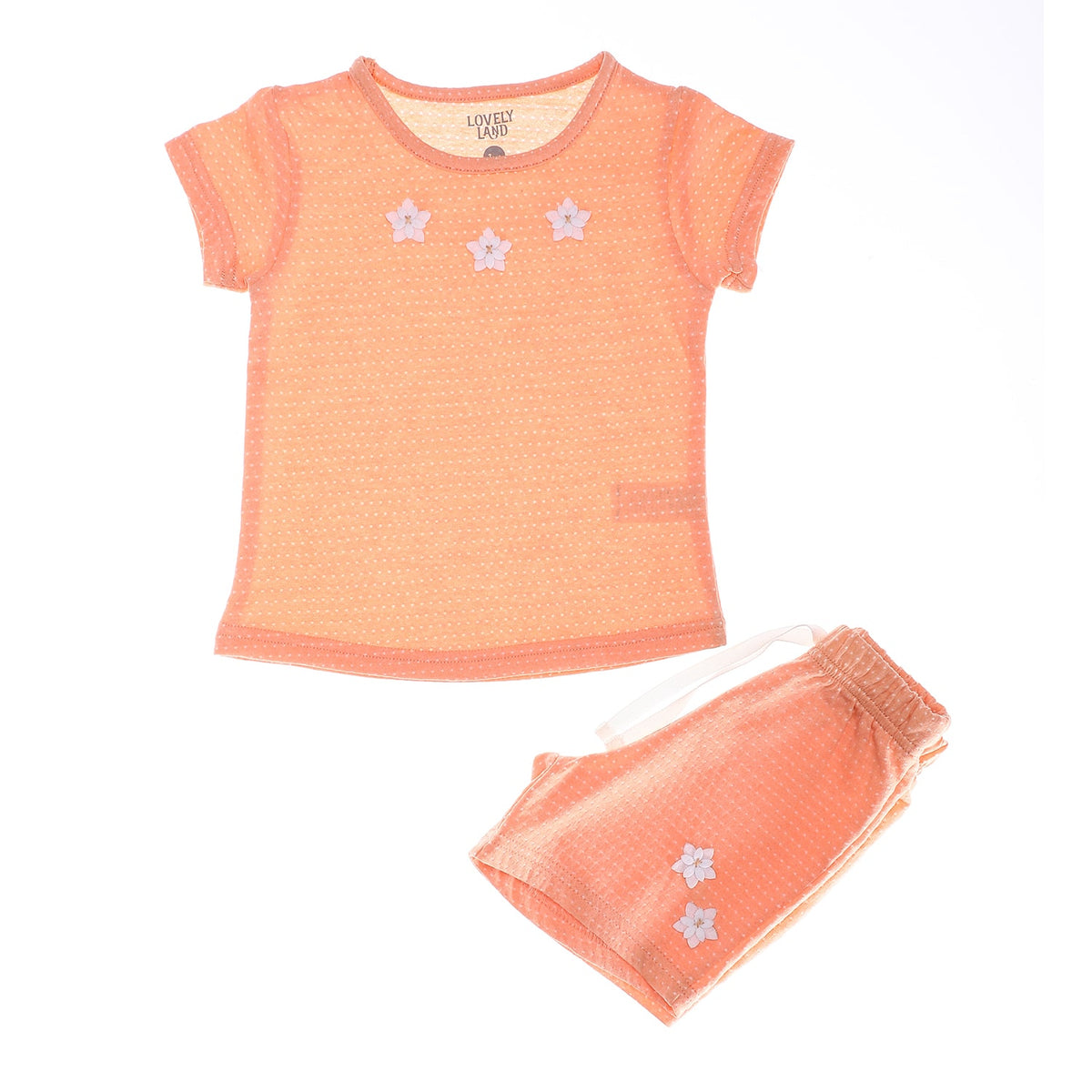 Attached Flowers Orange Polka Dotted Girls Pajama Set (2)
